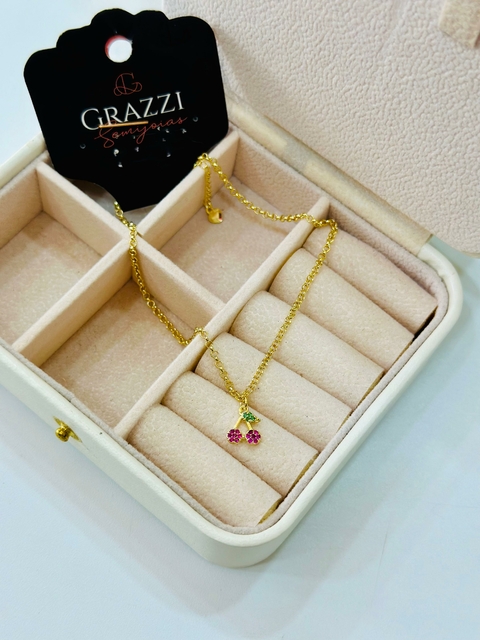 Tornozeleira SemiJoia Dourada Corrente Cereja Cravejada - 4327