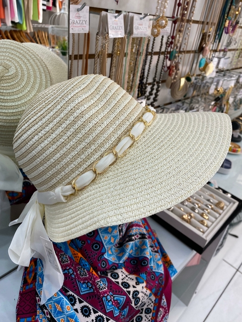 Chapéu Palha Ecológica Faixa Chiffon e Corrente 4211