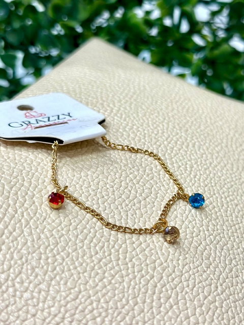 Pulseira Corrente Dourada Kids Pérola Cristal Colorido