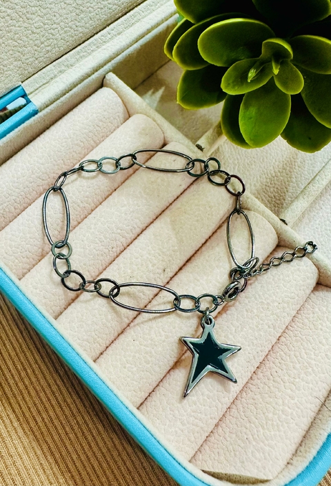 Pulseira SemiJoia Ródio Negro Estrela Preta