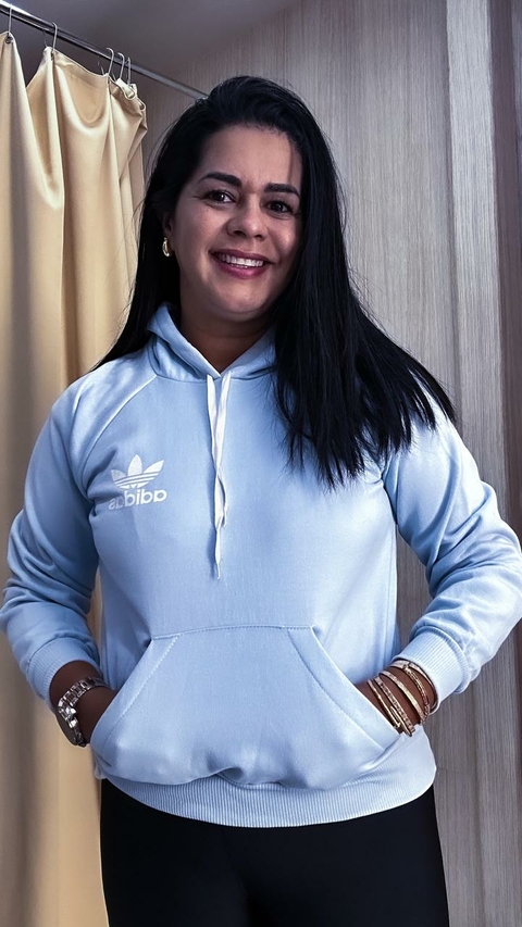 Casaco Inspiração Adidas Moletom Flanelado Capuz Bolso Frontal - Azul