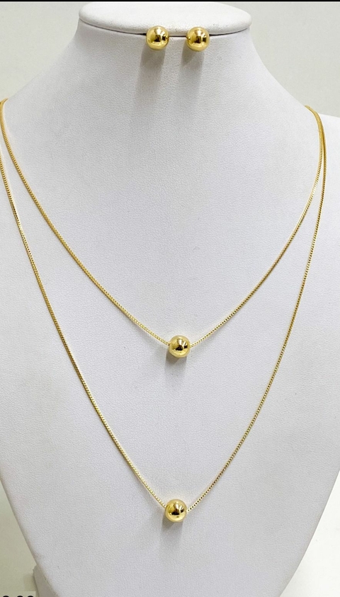 Conjunto Brinco com Colar Dourado Duplo Bolinha - 5925