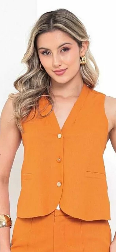 COLETE LINHO WASHED COM BOLSO FALSO - Laranja 5722