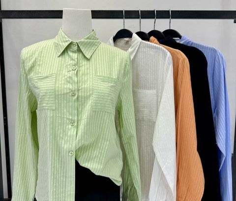 Camisete Algodão Listrado Bolso - Verde