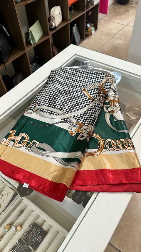 Lenço de Seda Estampado - Verde e Vermelho 5273