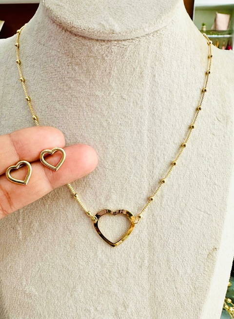 Brinco Conjunto e Colar Choker Dourado Folheado Corrente Bolinha Coração