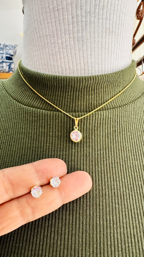 Conjunto Brinco com Colar Folheado Dourado Ponto de Luz