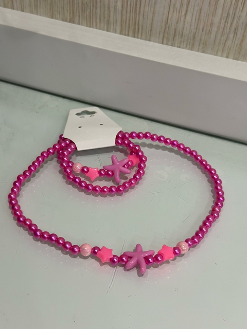 Conjunto Colar e Pulseiras Miçangas Estrela do Mar - Rosa Roxo 5812