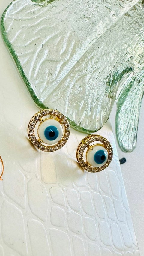 Brinco Dourado SemiJoia Olho Grego Zircônia