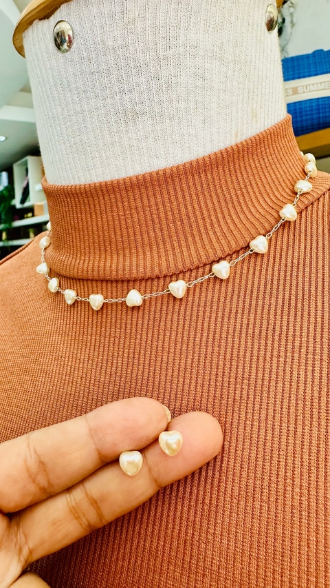 Conjunto Brinco com Colar Choker Prata Pérolas Coração