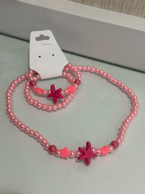 Conjunto Colar e Pulseiras Miçangas Estrela do Mar - Rosa 5810