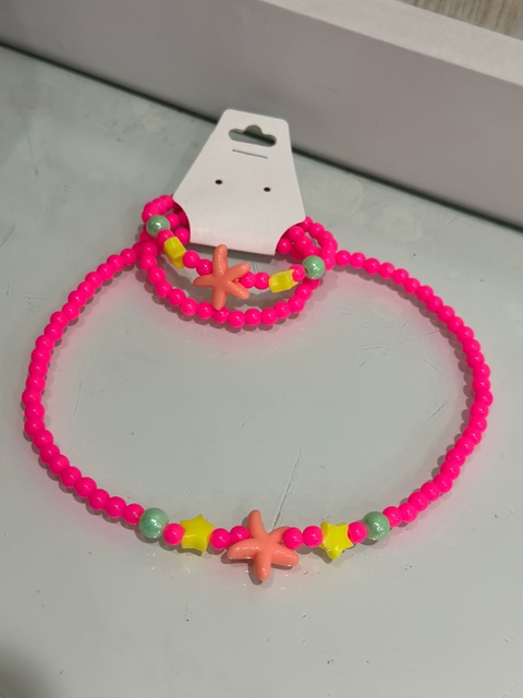 Conjunto Colar e Pulseiras Miçangas Estrela do Mar - Rosa Neon 5811