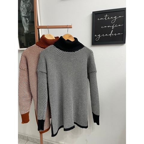 Poncho Pied Poule Xadrez Tricot - Marrom Branco