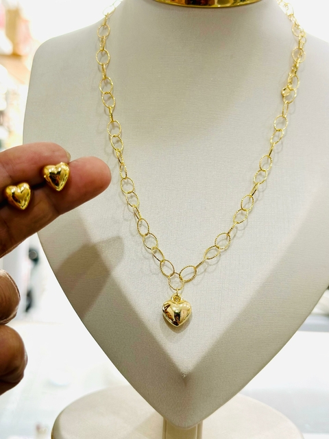 Conjunto Brinco e Colar Dourado Coração - 6682