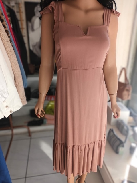 Vestido Decote V Alça Babado - Nude