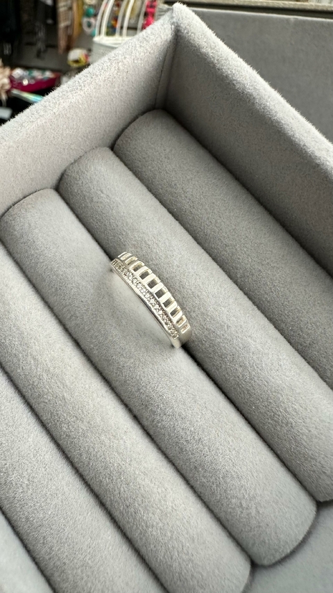 Anel Prata Italiana 925 Xadrez Vazado Zircônia Cristal