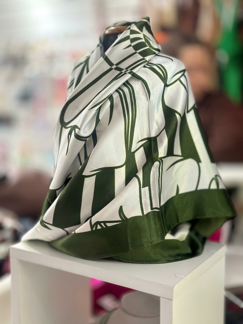 Lenço de Seda Estampado - Verde e Branco 6908