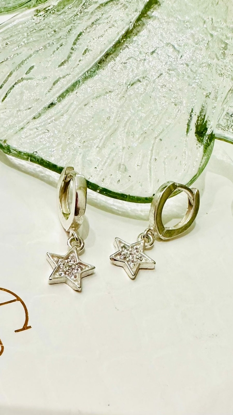 Brinco Prata Italiana 925 Argola Pingente Estrelinha