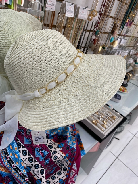 Chapéu Palha Ecológica Faixa Chiffon e Corrente 4210