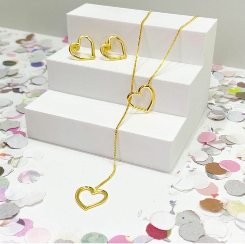 Conjunto Brinco com Colar Dourado Folheado Gravatinha Coração
