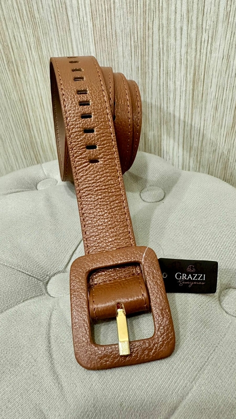 Cinto 100% Couro Vazado Fivela Retangular Marrom