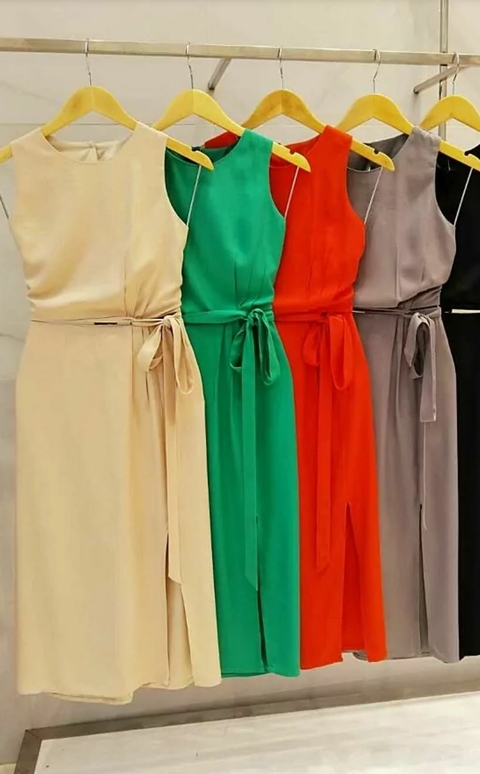 Conjunto Visco Sarja Midi Detalhe Cintura Pregas Fenda Perna e Faixa Cintura - Verde 5676