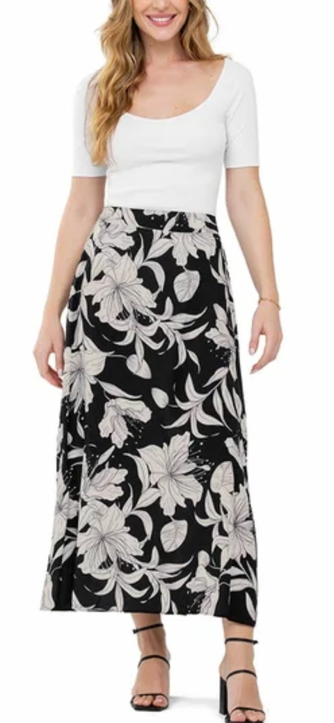 Saia Floral Preta e Branca - 7024