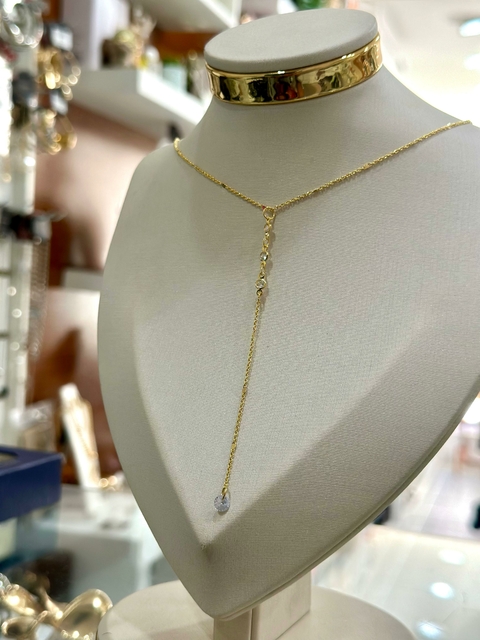 Conjunto Brinco e Colar Dourado Ponto de Luz Cristal - 6681