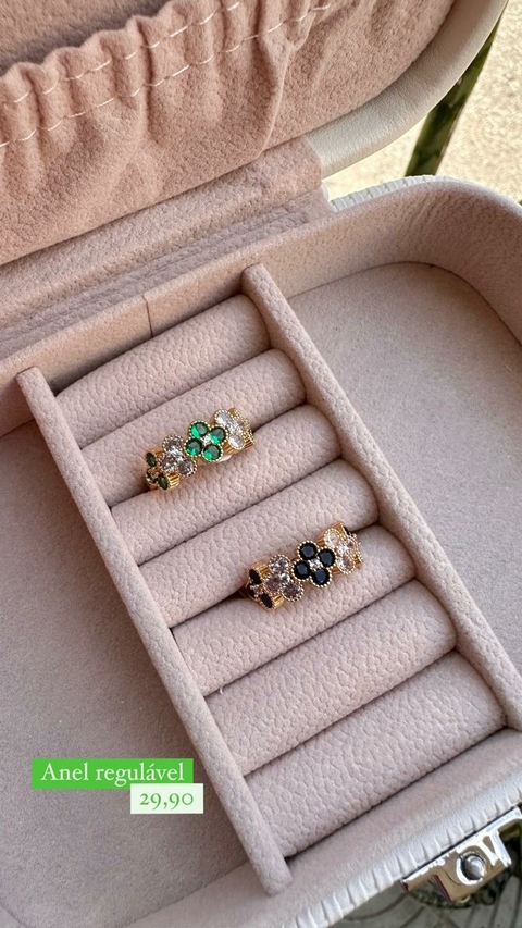 Anel Regulável Prata Floral Inspiração Virgínia Van Cleef Cristal e Verde