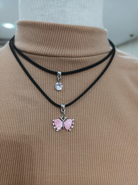 Choker Gargantilha Colar Duplo Courino Preto Ponto de Luz Borbotela