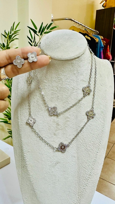 Conjunto Brinco e Colar Prata Trevo Van Cleef Virgínia - 5101