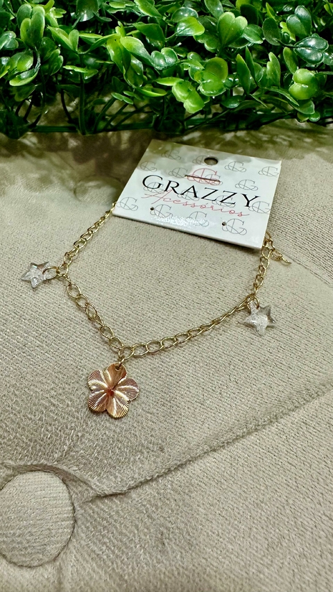 Pulseira Corrente Dourada Pingente Flor Cristal Estrela