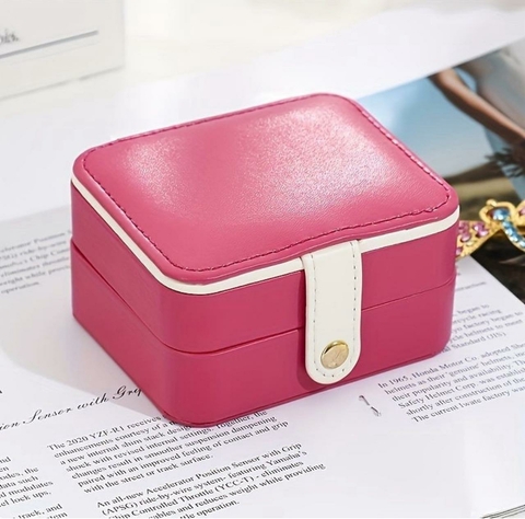 Porta Jóias Quadrado Courino com Espelho Rosa