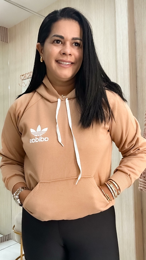 Casaco Inspiração Adidas Moletom Flanelado Capuz Bolso Frontal - Marrom