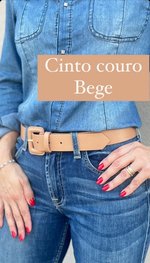 Cinto 100% Couro Fivela Quadrada - Bege