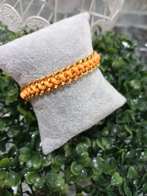 Pulseira Courino Trançada Corrente Dourada Laranja Neon
