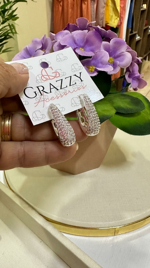 Brinco Prata Argola Gota Cravejado Zircônia Cristal - 7007