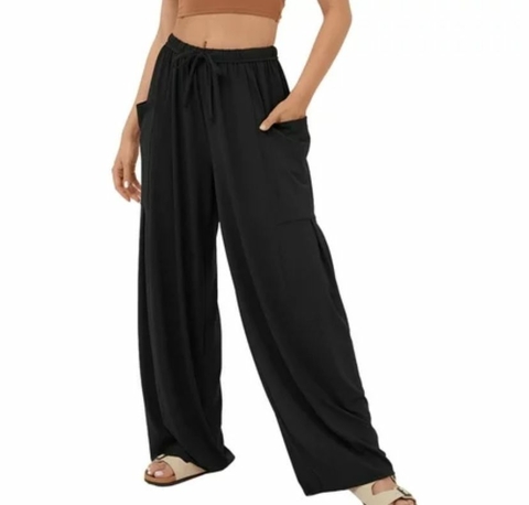 Calça Pantalona Viscose Bolso Frontal Lisa - Preta