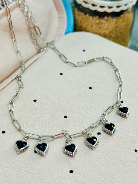 Colar Choker SemiJoia Prata Coração Cristal Preto