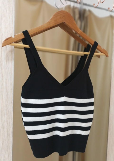 Blusa Cropped Modal Alça Listrado - Preto e Branco