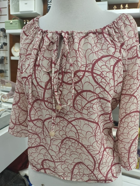 Blusa Cropped Cinganinha Manga Estampada - Goiaba