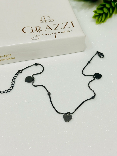 Pulseira SemiJoia Ródio Negro Bolinhas Corações