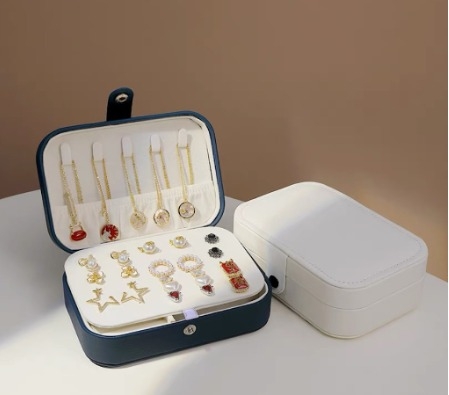 Porta Jóias Estojo Organizador Portátil Viagem Couro Botão - Preto