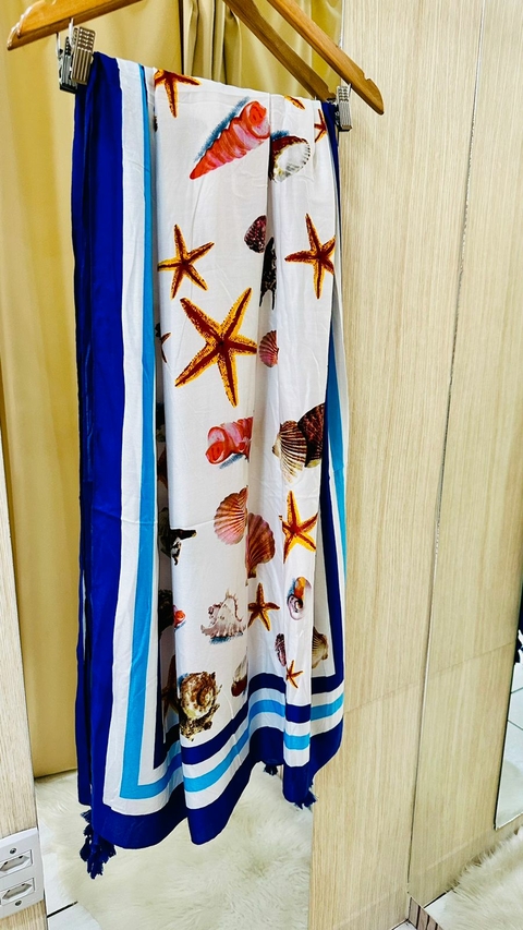Canga de Praia Estampada - Azul e Branca