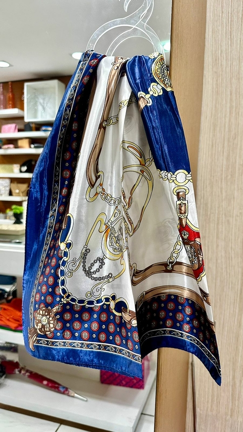 Lenço de Seda Estampado - Azul e Branco 5270