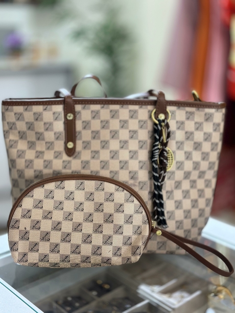 Kit Bolsa Xadrez Branca e Marrom - 6899