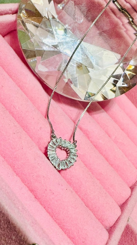 Colar Cordão SemiJoia Prata Coração Filete Zircônia Cristal