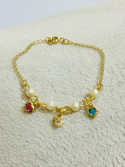 Pulseira SemiJoia Dourada Pérolas e Corações - 5957