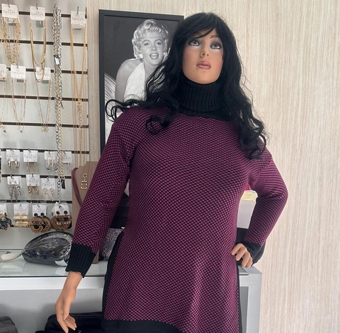 Poncho Pied Poule Xadrez Tricot - Preto Rosa