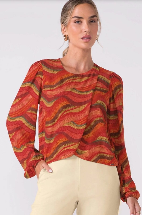 Blusa Feminina Manga Longa Transpassada Abstrata Marialícia Rosa 6770